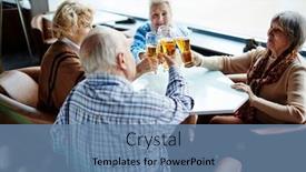  Presentation with toasting - Beautiful slide deck featuring group of joyful elderly people sitting in spacious cafe with panoramic windows and toasting with beer glasses backdrop and a seafoam green colored foreground