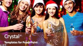  Presentation with toasting - Audience pleasing slides consisting of group of joyful friends in santa caps toasting at party and looking at camera backdrop and a tawny brown colored foreground