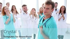  Presentation with group - Presentation enhanced with group-of-jubilant-young-people background and a arctic colored foreground