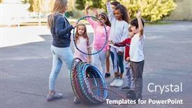  Presentation with teachers - Beautiful PPT theme featuring group-of-kids-and-teachers backdrop and a seafoam green colored foreground