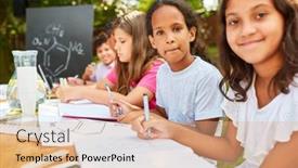  Presentation with chemistry - Beautiful PPT theme featuring group-of-kids-at-chemistry backdrop and a coral colored foreground