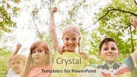  Presentation with kids soccer - PPT theme featuring group-of-kids-cheering-together background and a blonde colored foreground