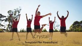  Presentation with boot camp - PPT layouts with group of kids having fun in the boot camp on a sunny day background and a gold colored foreground