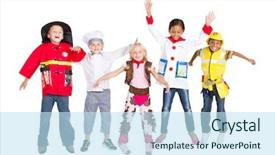  Presentation with kids jumping and lifting hand - Slides with group of kids in costumes background and a sky blue colored foreground