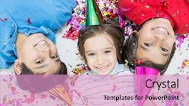  Presentation with party invitation for kids - PPT layouts featuring group of kids in party background and a coral colored foreground