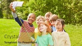  Presentation with stick kids - Beautiful presentation theme featuring group-of-kids-is-having backdrop and a yellow colored foreground