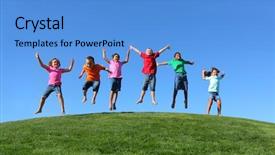  Presentation with play kids - Colorful PPT theme enhanced with group of kids jumping backdrop and a teal colored foreground
