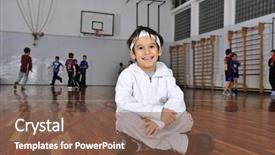  Presentation with kids playing - Audience pleasing presentation theme consisting of group of kids playing basketball backdrop and a tawny brown colored foreground