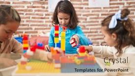  Presentation with preschool blocks kids play - PPT layouts with group-of-kids-playing background and a coral colored foreground