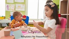  Presentation with kids playing - Slides featuring group-of-kids-preschool-students background and a coral colored foreground