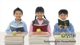  Presentation with kids reading books - PPT theme enhanced with group of kids reading interesting background and a mint green colored foreground