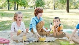  Presentation with school lunch - Slide deck having group-of-kids-sitting background and a coral colored foreground