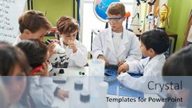  Presentation with gadget - PPT theme featuring group-of-kids-students-talking background and a light blue colored foreground