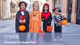  Presentation with costume - Presentation theme having group-of-kids-wearing-halloween background and a teal colored foreground