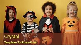  Presentation with halloween - Presentation design enhanced with group-of-kids-wearing-halloween background and a tawny brown colored foreground