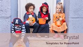  Presentation with sweets - Slides featuring group-of-kids-wearing-halloween background and a  colored foreground