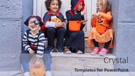  Presentation with costume - PPT theme enhanced with group-of-kids-wearing-halloween background and a  colored foreground
