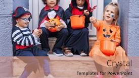  Presentation with sweets - Slides with group-of-kids-wearing-halloween background and a coral colored foreground