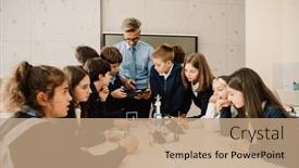  Presentation with school kids - Presentation design having group-of-kids-wearing-school and a coral colored foreground