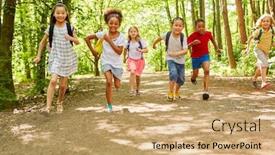  Presentation with backpacks - Presentation consisting of group of kids with backpacks racing in the nature in summer on a tour background and a coral colored foreground