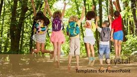  Presentation with backpacks - Presentation theme having group-of-kids-with-backpacks background and a gold colored foreground
