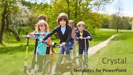  Presentation with bike - Cool new presentation theme with group-of-kids-with-bike backdrop and a yellow colored foreground