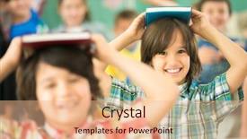  Presentation with heads - Presentation with group of kids with books on heads smiling in classroom background and a coral colored foreground