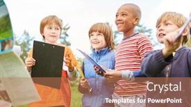 Presentation with kids birthday - Presentation theme with group-of-kids-with-clipboards background and a coral colored foreground