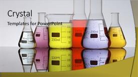  Presentation with flasks - Presentation theme having group of laboratory flasks brightly background and a light gray colored foreground