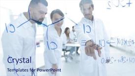  Presentation with laboratory - PPT theme featuring group of laboratory scientists discussing background and a sky blue colored foreground