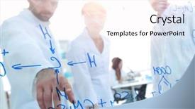  Presentation with biochemistry research laboratory - PPT theme featuring group of laboratory scientists discussing background and a sky blue colored foreground