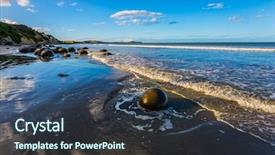  Presentation with tide - Colorful slide set enhanced with concept of active eco and photo tourism boulders moeraki - a group of large spherical boulders on the beach koekokhe ocean evening tide travel to new zealand backdrop and a tawny brown colored foreground