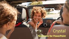  Presentation with road trip - Slide set consisting of group-of-laughing-female-friends background and a tawny brown colored foreground