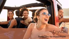  Presentation with road trip - Presentation design consisting of group-of-laughing-female-friends background and a coral colored foreground