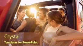  Presentation with road trip - PPT theme featuring group-of-laughing-female-friends background and a red colored foreground