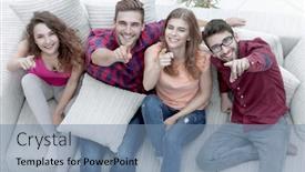  Presentation with forefinger - Audience pleasing presentation design consisting of group of laughing friends sitting on sofa and showing forefinger on the camera backdrop and a seafoam green colored foreground