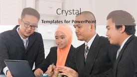  Presentation with group discussion - Audience pleasing slide set consisting of group-of-malaysian-businesspeople-meeting backdrop and a coral colored foreground