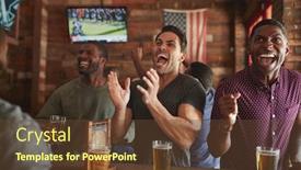  Presentation with sports bar - Slide deck with group of male friends celebrating whilst watching game on screen in sports bar background and a tawny brown colored foreground