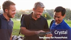  Presentation with group - Amazing PPT theme having group of male golfers marking backdrop and a tawny brown colored foreground