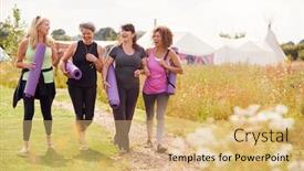  Presentation with retreat - Cool new PPT theme with group of mature female friends on outdoor yoga retreat walking along path through campsite backdrop and a yellow colored foreground