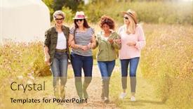  Presentation with campsite - Amazing presentation design having free aging - group of mature female friends backdrop and a yellow colored foreground