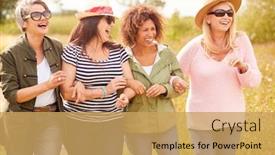  Presentation with campsite - Presentation design with group of mature female friends walking along path through yurt campsite background and a yellow colored foreground