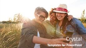 Presentation with mature female surgeon - Amazing presentation theme having group of mature female friends walking through field on camping posing for selfie backdrop and a tawny brown colored foreground