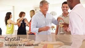 Presentation with dinner party - Colorful theme enhanced with group of mature friends enjoying backdrop and a coral colored foreground