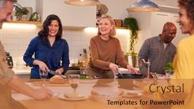  Presentation with dinner party - Audience pleasing theme consisting of group-of-mature-friends-meeting backdrop and a coral colored foreground