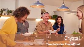  Presentation with dinner party - Cool new slides with group-of-mature-friends-meeting backdrop and a coral colored foreground
