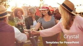  Presentation with campsite - Audience pleasing presentation theme consisting of group of mature friends sitting around fire and making a toast at outdoor campsite bar backdrop and a coral colored foreground