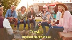  Presentation with campsite - Presentation featuring group of mature friends sitting around fire and drinking at outdoor campsite bar background and a tawny brown colored foreground