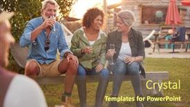  Presentation with campsite - Amazing presentation having yurt - group of mature friends sitting backdrop and a tawny brown colored foreground
