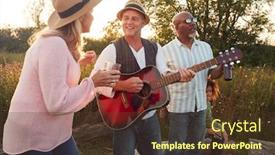 Presentation with campsite - Presentation theme consisting of group of mature friends sitting around fire as they drink and sing songs at outdoor campsite background and a tawny brown colored foreground